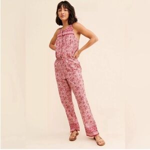 NEW Faherty Adella Pink Floral Block Print Organic Cotton Jumpsuit Size Medium